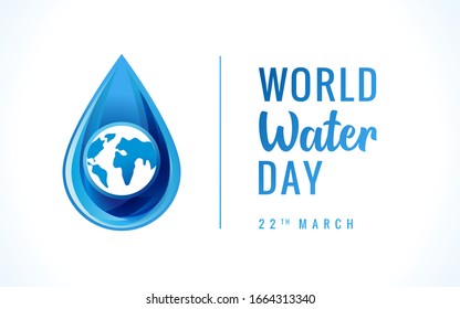 World water day, 22 march text  and earth on drop water poster. Vector illustration background