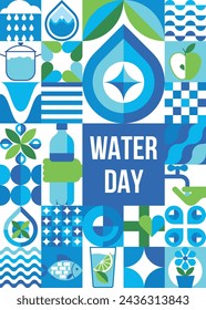 World water day abstract geometric poster with water and nature symbols. Water resource eco using and saving concept.Background, banner, flyer, pattern