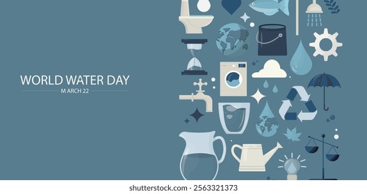 World Water Day Awareness Design banner. Illustration promoting World Water Day, featuring water conservation symbols like taps, recycling, and nature icons against a blue background