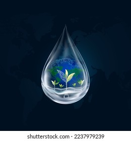 World Water Day background with 3D Water drop with growing plant under clean water on Globe World Map background,Vector Banner Single Transparency Rain Drop with Young tree for Happy Earth Day Concept