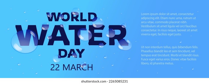 World water day background with droplets. Bold typography with water drops and copy space for text isolated on blue gradient. Vector illustration