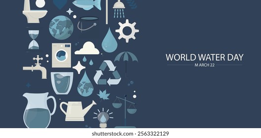 World water day banner. World Water Day Dark Theme Environmental Conservation Icons. illustration for World Water Day featuring water conservation symbols, household items, and environmental icons