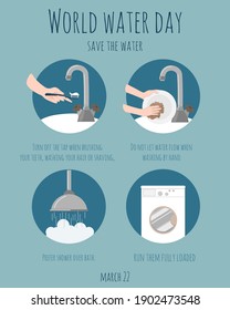 World water day banner. Instructions on how to preserve and save water at home.	