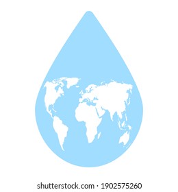 World water day. Blue drop and world map. Save water concept.   Protection planet earth. Save planet environmental disaster. Vector illustration
