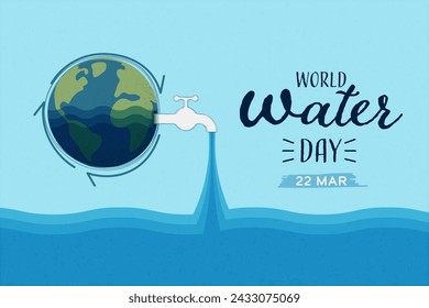 World Water Day. Blue earth globe with the tap (faucet) and water drops with a Recycling symbol. Save water for Sustainable ecology and environment conservation concept design. Vector illustration.