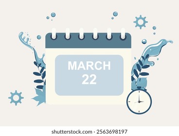 World water day calendar. March Calendar Design with Blue Floral Elements. Water management concept. Flat design vector illustration. Countdown for water conservation. Save earth water. 