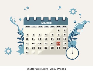 World water day calendar. March Calendar Design with Blue Floral Elements. Water management concept. Flat design vector illustration. Countdown for water conservation. Save earth water. 