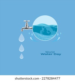 World water day card with earth globe faucet and date 22 march realistic
