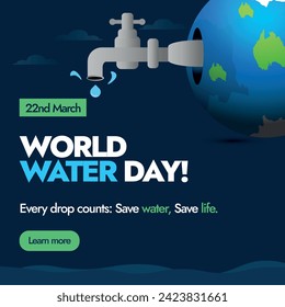 World Water Day. World water day celebration banner, card, social media post with earth globe and a tap inside the earth globe. Save water, save life. Importance of saving world's water awareness card