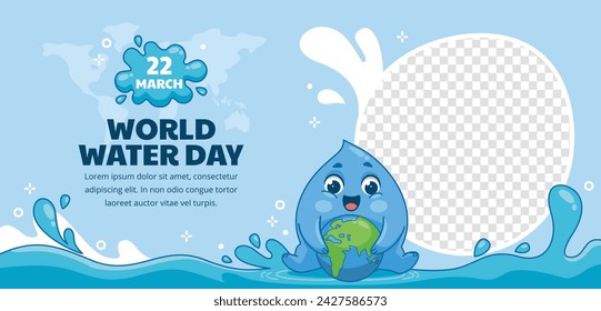 Celebración del Día Mundial del Agua Fondo del día del agua feliz. 22 de marzo. Diseño de ilustración vectorial de dibujos animados para póster, banner, volante, tarjeta, cubierta, post, campaña. gota de agua. ahorre el concepto de agua.