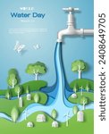 World Water Day, the city is nourished by the water that runs out of the tap. Paper illustration and 3d paper.