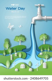 Día Mundial del Agua, la ciudad está nutrida por el agua que se acaba del grifo. Ilustración de papel y papel 3d.