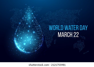 World water day concept. Banner template with glowing low poly water drop. Vector illustration.