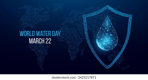 World water day concept. Banner template with glowing low poly water drop. Vector illustration.