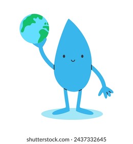 World water day concept. Cute drop of water character holding planet Earth. Flat vector illustration isolated on white background.