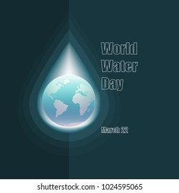 World Water day concept. Drop sign with a world map. Abstract image of a globe in drop of water. Vector illustration isolated on dark blue background.