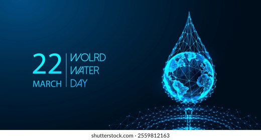 World Water Day concept with glowing Earth in water drop on dark blue background. Conservation, sustainability, global awareness. Environment web banner. Futuristic low-poly style vector illustration