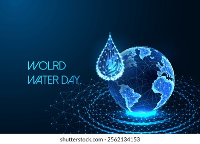 World Water Day concept with glowing Earth and water drop on dark blue background. Sustainability, conservation, global awareness. Environmental web banner. Futuristic polygonal vector illustration.