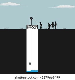 world water day concept. illustration vector. people are drawing water from dry wells and some people are standing in line