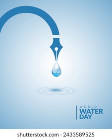 World Water Day Concept, Save water save world, pen shape water tab , world behind the water drop, vector illustration.