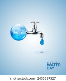 World Water Day Concept, Save water save world, Water effect world, tab water drop. vector illustration.