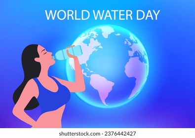 World water day concept,  woman drinking water vector illustration. Save water for ecology and environment conservation
