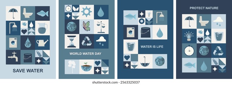 World Water Day Conservation Icons Collection Set. Set of four minimalist grid layouts featuring water conservation symbols and environmental icons in blue and white color scheme