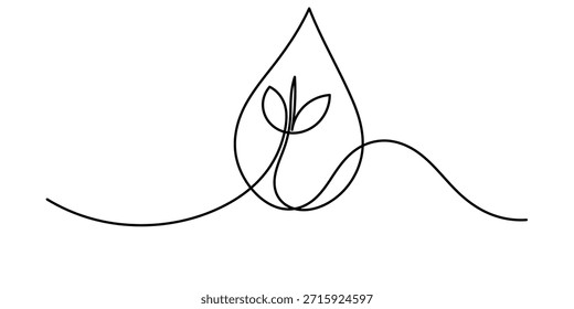 : Dibujo de una línea continua del día mundial del agua y icono de Vector de contorno de gota de agua