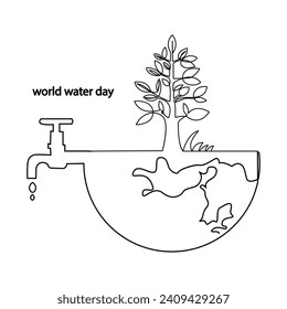 World water day continuous single line drawing and one line water droplets outline vector art illustration