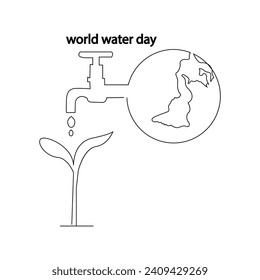 World water day continuous single line drawing and one line water droplets outline vector art illustration