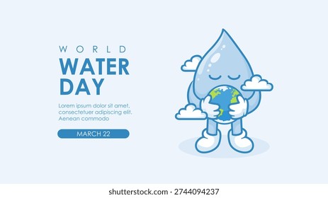 world water day with cute water drop character holding earth vector