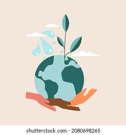 World water day or diverse hands holding planet Earth with water drop shape. Sustainable ecological ecosystems concept with green earth. Flat vector illustration for poster, greeting card design