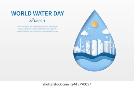 speichern Weltwassertag. Wassertropfen Sie eine Stadt in die Erde. Vektorillustration Papierschnitt-Design. 