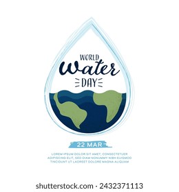 Día mundial del agua. Gota de agua. Ahorre agua para la ecología sostenible y el diseño del concepto de conservación del medio ambiente. Ilustración vectorial.
