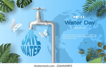 World Water Day, a drop of water from a tap, save the water and save the earth. Paper illustration and 3d paper.