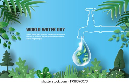 World Water Day, the earth in a water drop shape, a drop of water from a tap. Paper illustration and 3d paper.