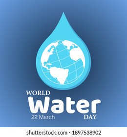 World Water Day with earth map inside water drop on blue background