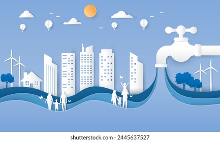 world water day with ecology city on blue background paper cut style. save water clean renewable. vector illustration paper cut design.