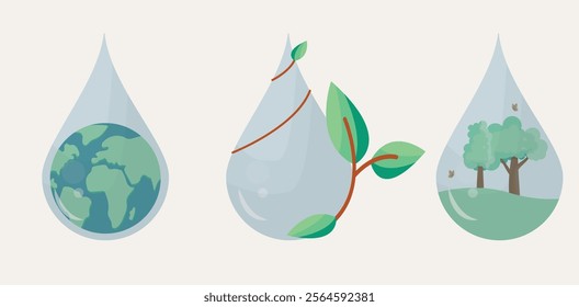 World Water Day Environmental Icons in Water Drops. Three minimalist water drop illustrations featuring Earth, plant leaves, and a nature scene, symbolizing water conservation