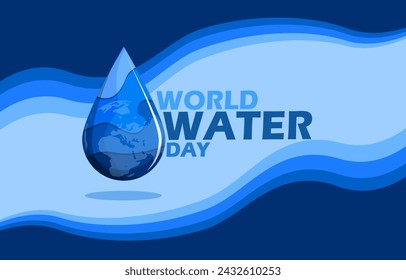 World Water Day event banner. A drop of water with gradient colors, bold text and wavy frame on light blue background to commemorate on March 22