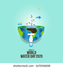 world water day - faucet or water tap with a drop of water out to earth