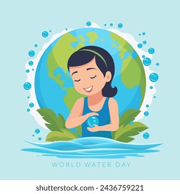 World Water Day. Girl in the water against the background of the Earth. Vector illustration.