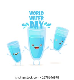 World water day greeting card or banner design template with funny cartoon smiling water glass character isolated on white background . International water day concept vector illustration