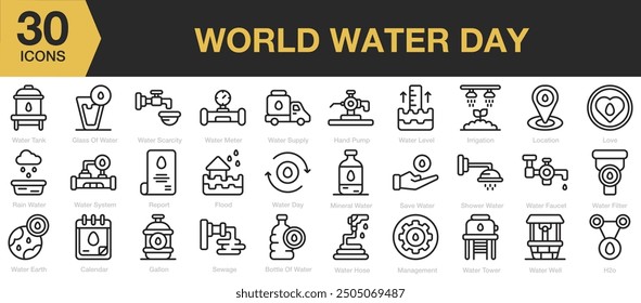 World Water Day icon sets. Includes water system, report, flood, water day, water earth, and More. Outline icons vector collection.