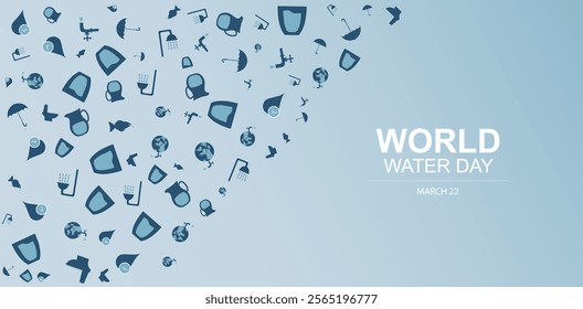 World Water Day Icons Pattern Background Design.  water-related icons including globes, umbrellas, droplets, and shower heads on light blue background with white text. World water day banner