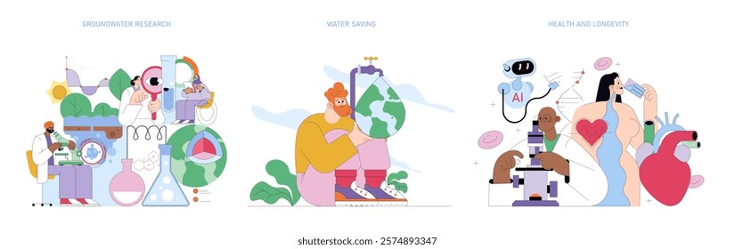 World Water Day illustration. Highlights the significance of sustainable water management and conservation practices. Showcases scientific research, water-saving initiatives, and the connection