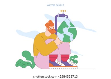 World Water Day illustration. Highlights the importance of water conservation through a character embracing a globe-shaped water droplet. Encourages awareness about water scarcity and emphasizes the