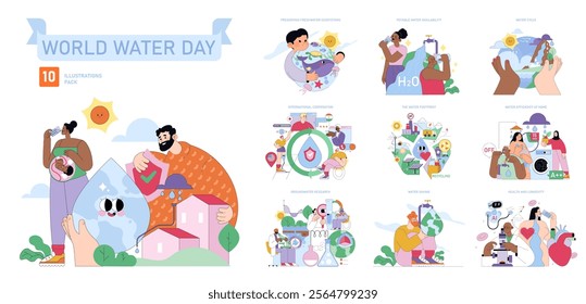 World Water Day illustration pack. Focus on the importance of water conservation and management. Showcases various aspects of water sustainability, including availability, recycling, and ecosystem