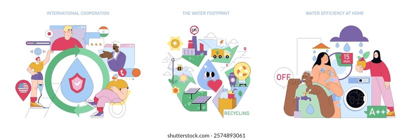 World Water Day illustration set. Focus on water conservation and awareness through international cooperation, understanding water footprints, and promoting efficiency at home. Encouraging sustainable