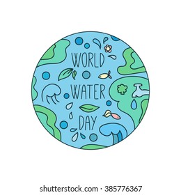 World water day illustration. Vector water drops. Mother earth design. Hand drawn card.
